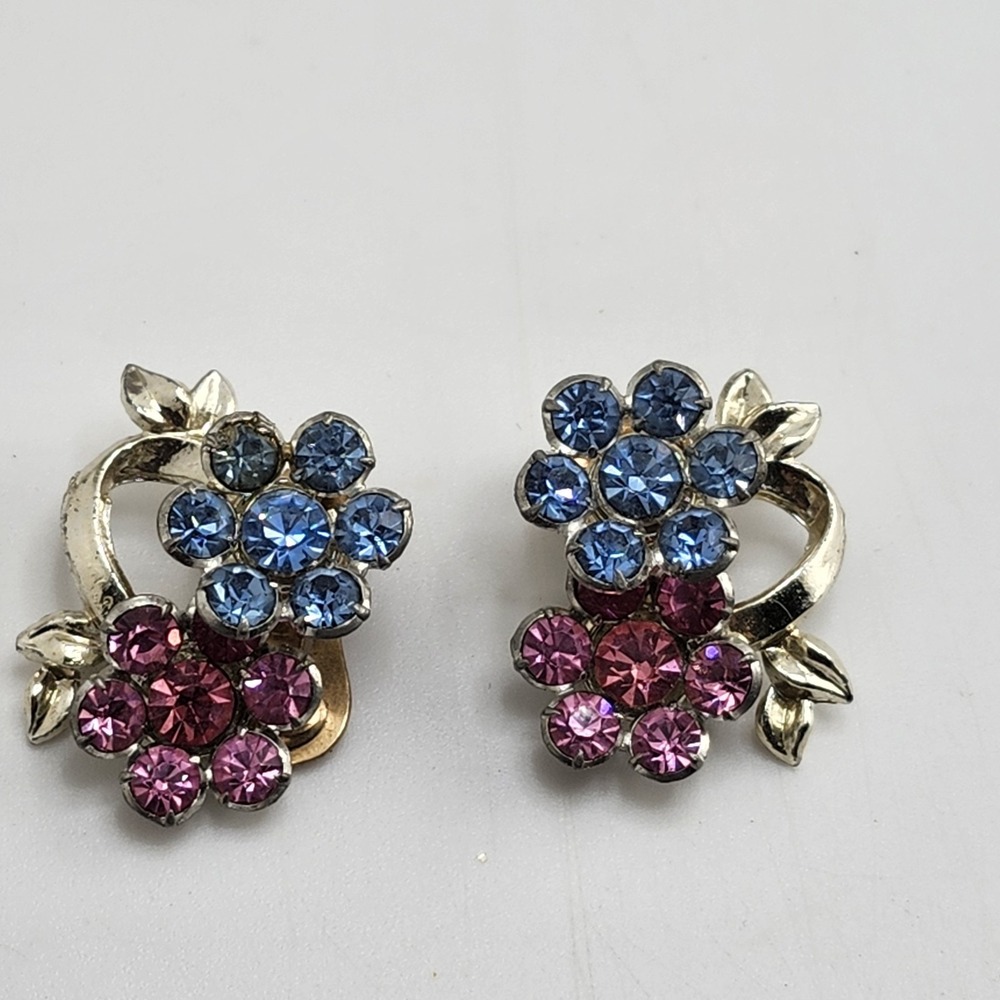 Vintage Pink And Blue Rhinestone Flower Clip-on‎ Earrings